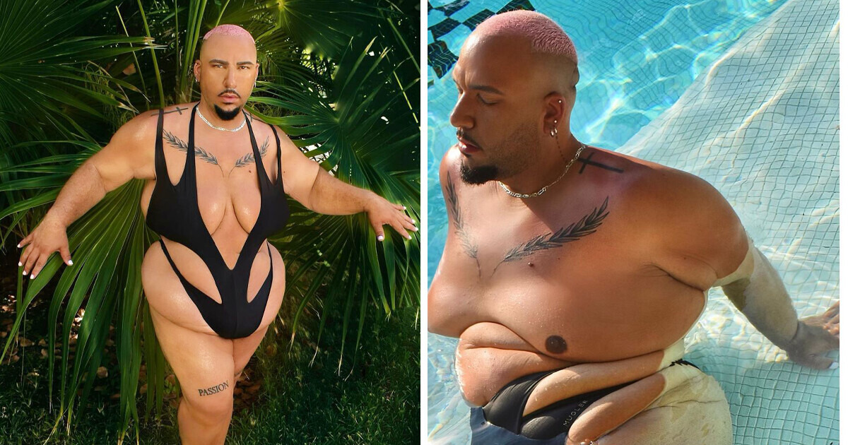 Homoseksualny model plus size pozuje w jednoczęściowym kostiumie i emanuje pozytywnym nastawieniem do ciała