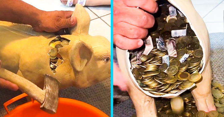 Mężczyzna oszczędzał przez dwa lata i zaskoczył wszystkich, rozbijając swoją świnkę skarbonkę