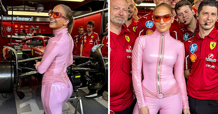 Jennifer Lopez pozuje w różowym obcisłym stroju w garażu Ferrari, a fani zauważają niezręczny szczegół