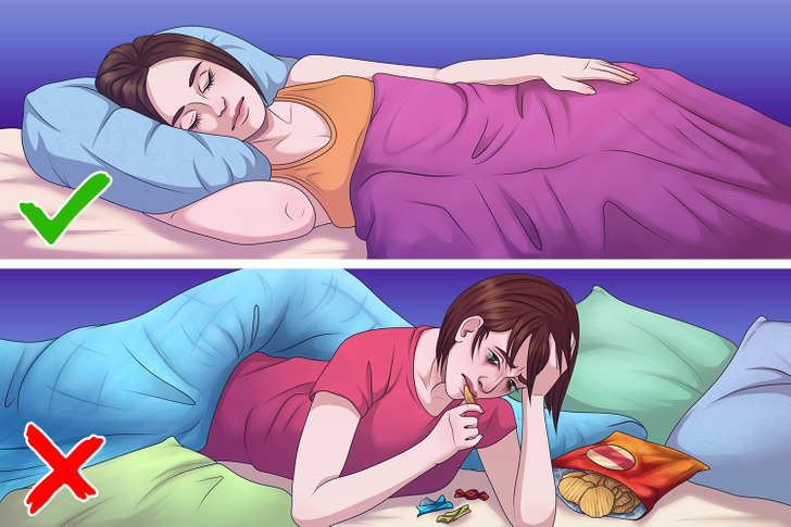 A woman sleeping in bed and a tired woman snacking while in bed.