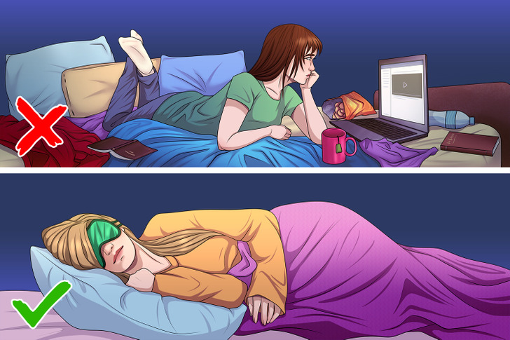 A young woman lying in bed staring at a laptop screen, another woman sleeping soundly.