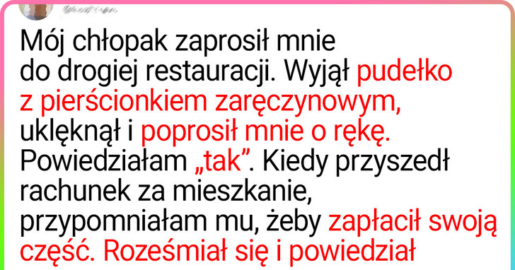 Mój chłopak nie chce płacić czynszu, bo kupił mi pierścionek zaręczynowy